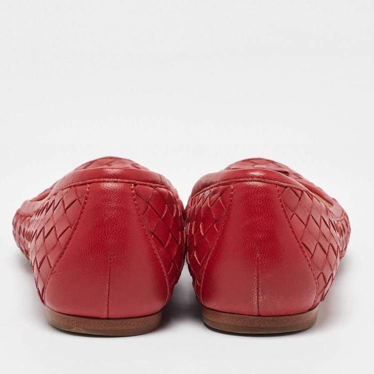 Pre Owned Bottega Veneta Red Intrecciato Leather Ballet Flats Size 38