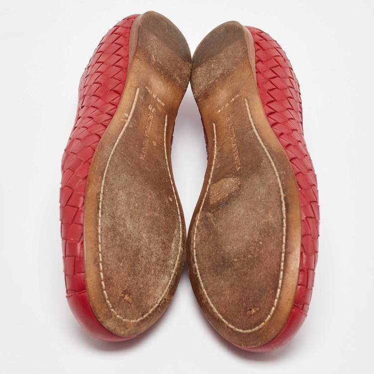Pre Owned Bottega Veneta Red Intrecciato Leather Ballet Flats Size 38