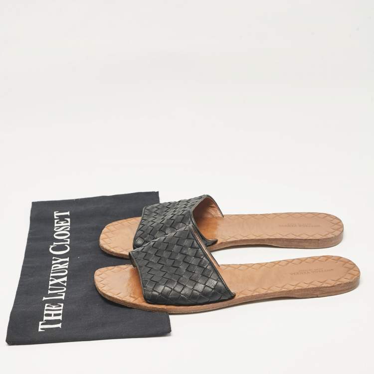 Pre Owned Bottega Veneta Black Intrecciato Leather Flat Slides Size 40