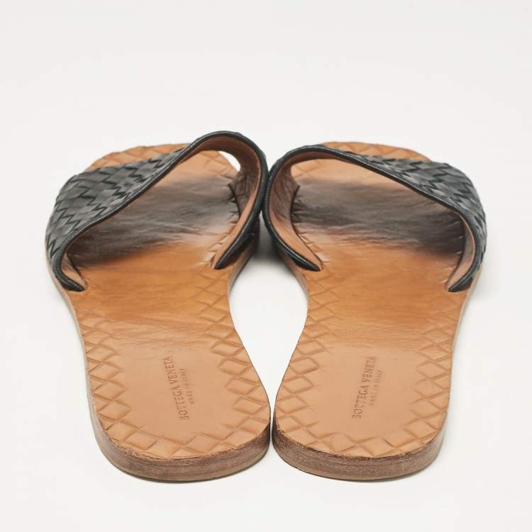 Pre Owned Bottega Veneta Black Intrecciato Leather Flat Slides Size 40