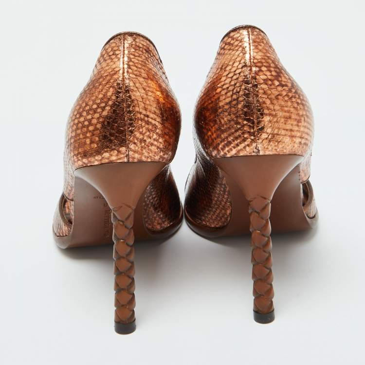 Pre Owned Bottega Veneta Metallic Copper Snakeskin Embossed Leather Pumps Size 38