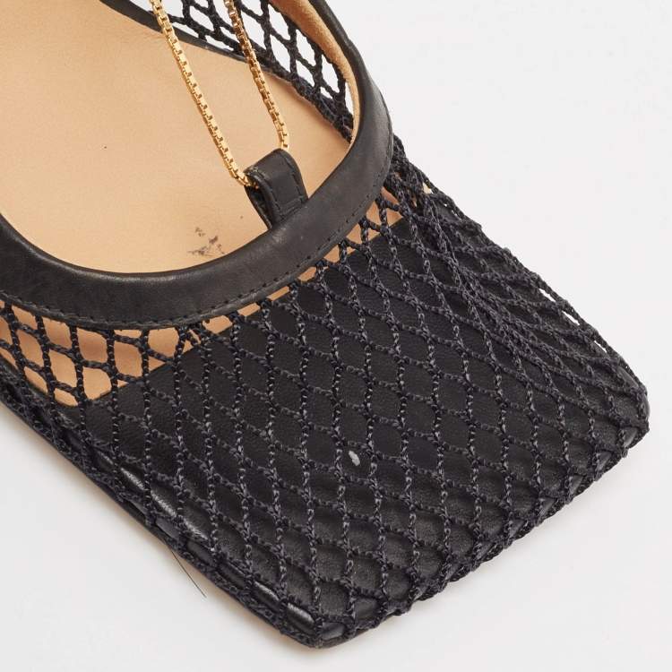 Pre Owned Bottega Veneta Black Mesh and Leather Chain Detail Square Toe Pumps Size 37