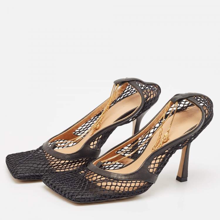 Pre Owned Bottega Veneta Black Mesh and Leather Chain Detail Square Toe Pumps Size 37