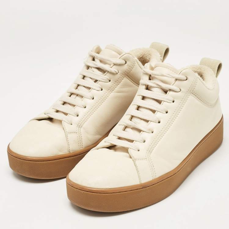 Pre Owned Bottega Veneta Cream Leather Lace Up Sneakers Size 37