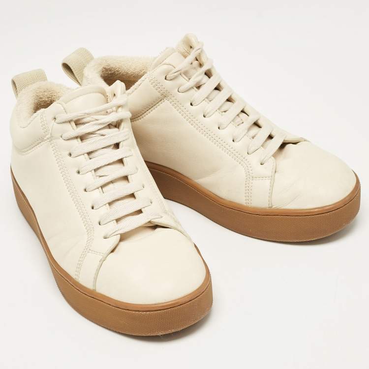 Pre Owned Bottega Veneta Cream Leather Lace Up Sneakers Size 37