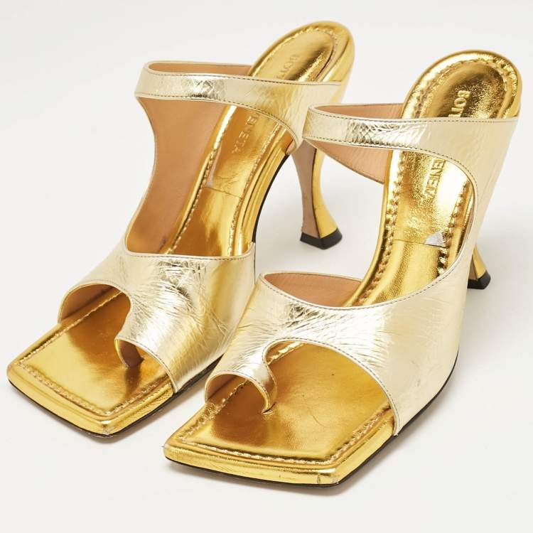 Pre Owned Bottega Veneta Gold Leather Square Toe Slide Sandals Size 37