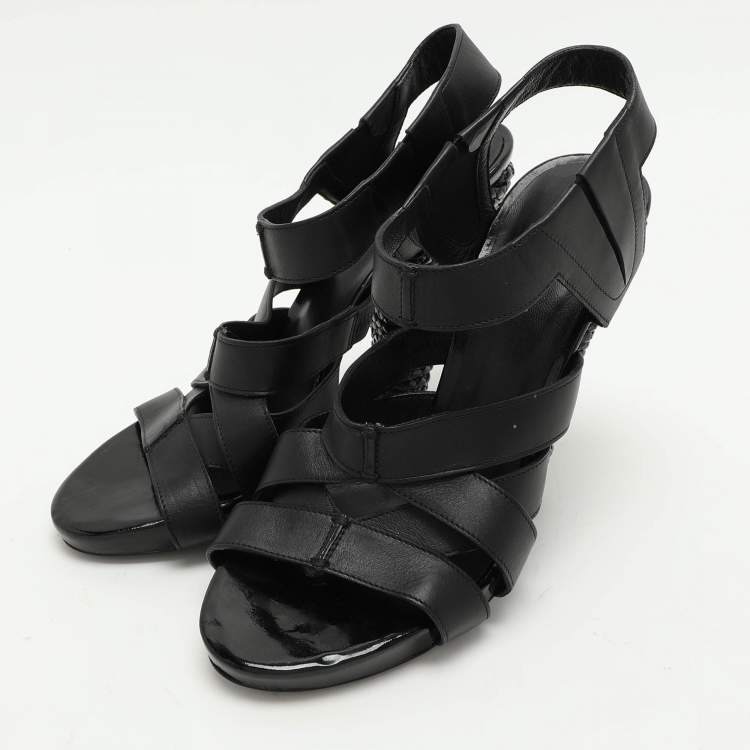 Pre Owned Bottega Veneta Black Leather Strappy Sandals Size 36.5
