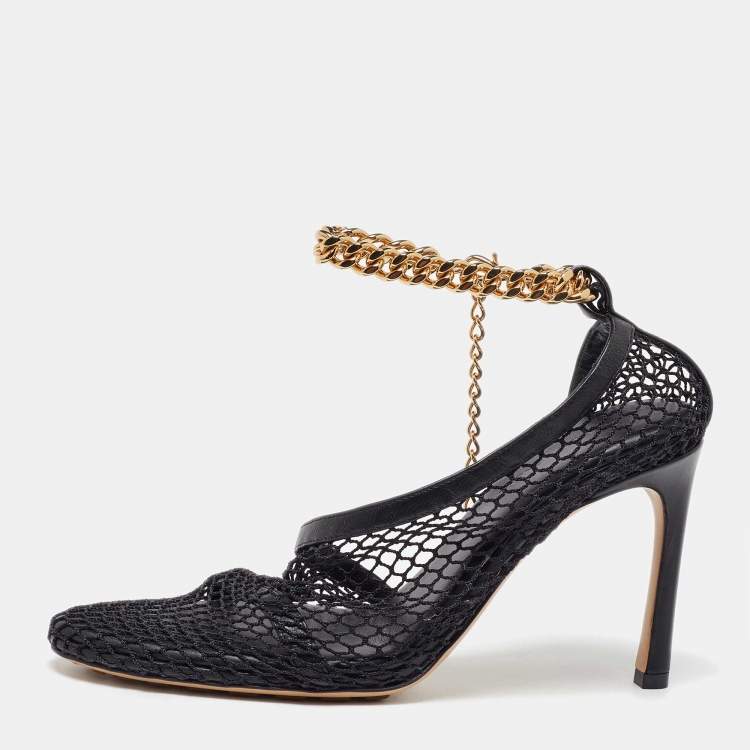 Pre Owned Bottega Veneta Black Mesh and Leather Chain Link D'orsay Pumps Size 37