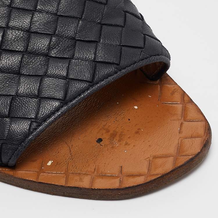 Pre Owned Bottega Veneta Black Intrecciato Leather Ravello Slide Sandals Size 39.5