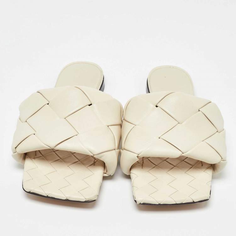 Pre Owned Bottega Veneta White Intrecciato Leather Lido Flat Slides Size 37