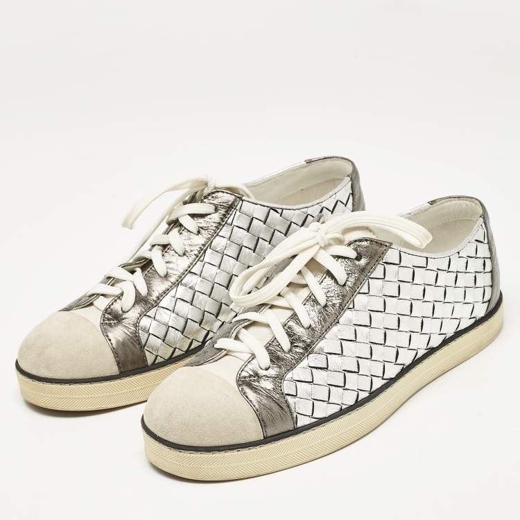 Pre Owned Bottega Veneta Silver Leather and Suede Intrecciato Lace Up Sneakers Size 38