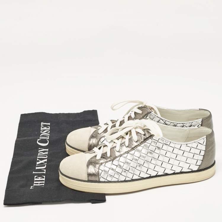 Pre Owned Bottega Veneta Silver Leather and Suede Intrecciato Lace Up Sneakers Size 38