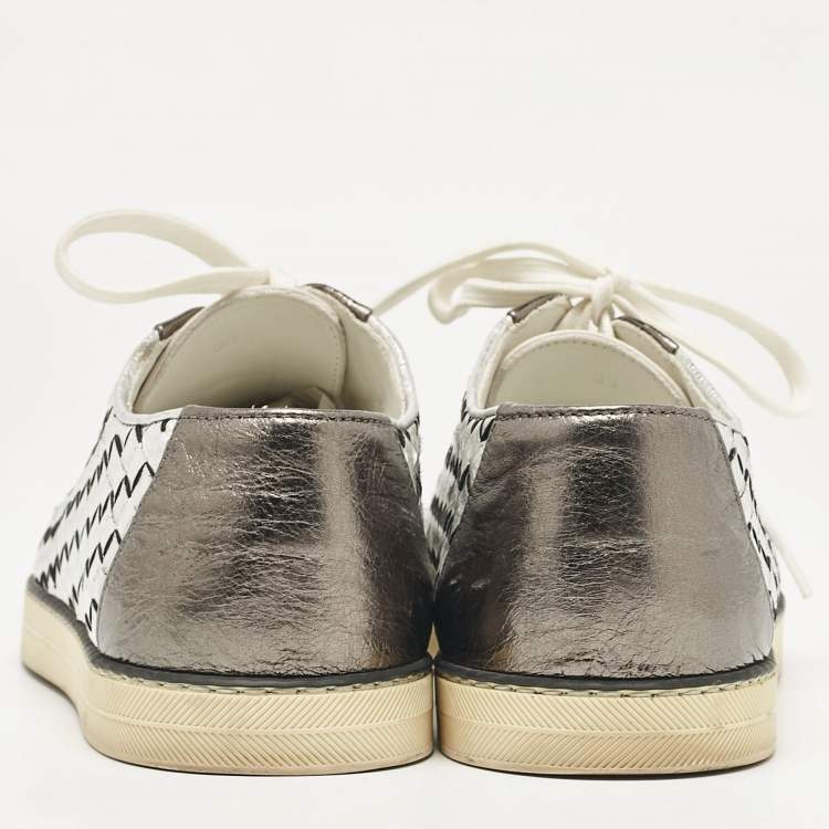 Pre Owned Bottega Veneta Silver Leather and Suede Intrecciato Lace Up Sneakers Size 38
