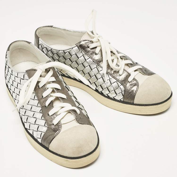 Pre Owned Bottega Veneta Silver Leather and Suede Intrecciato Lace Up Sneakers Size 38