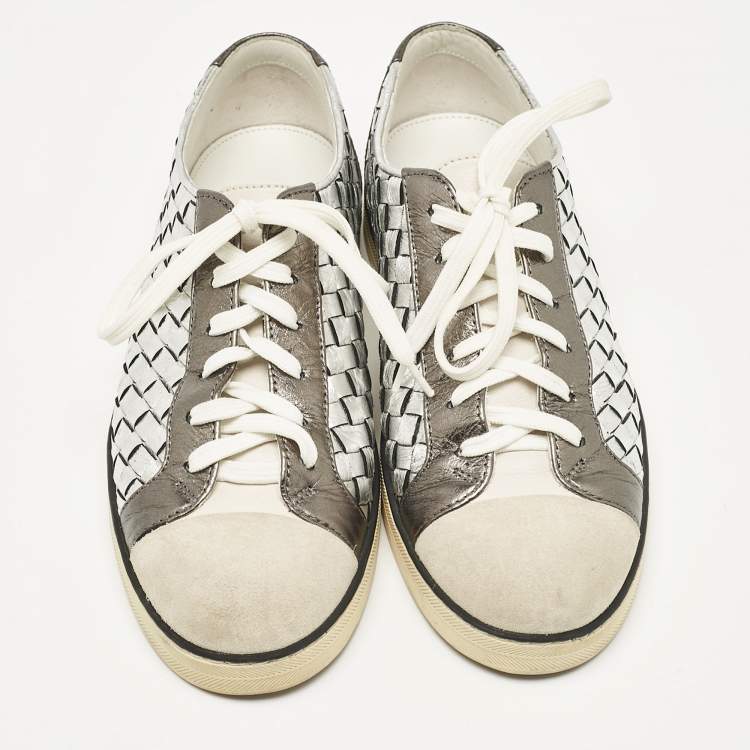 Pre Owned Bottega Veneta Silver Leather and Suede Intrecciato Lace Up Sneakers Size 38