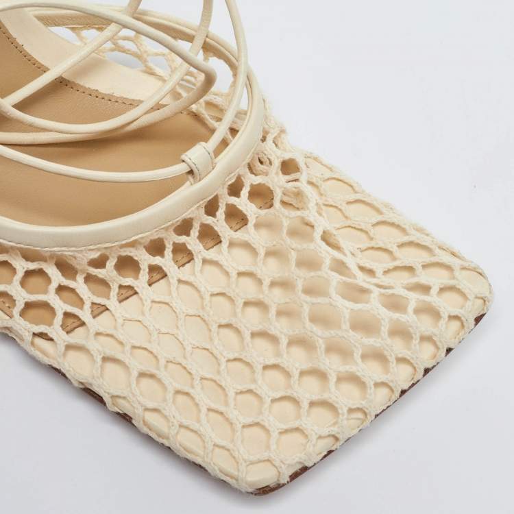Pre Owned Bottega Veneta Cream Leather and Stretch Mesh Wrap Around Pumps Size 41