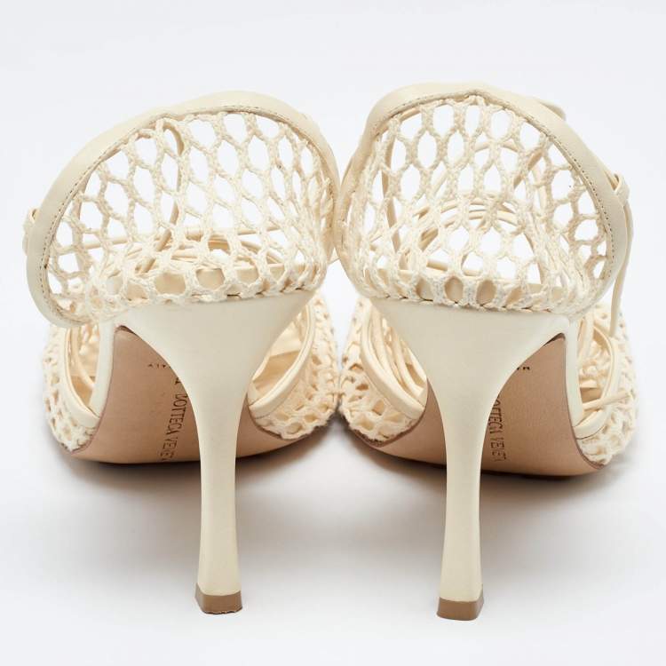 Pre Owned Bottega Veneta Cream Leather and Stretch Mesh Wrap Around Pumps Size 41