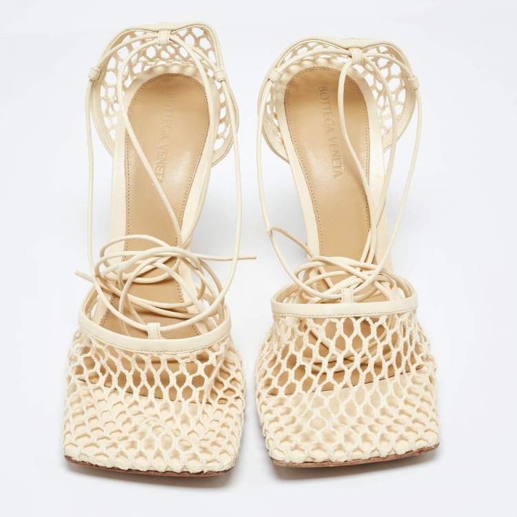 Pre Owned Bottega Veneta Cream Leather and Stretch Mesh Wrap Around Pumps Size 41