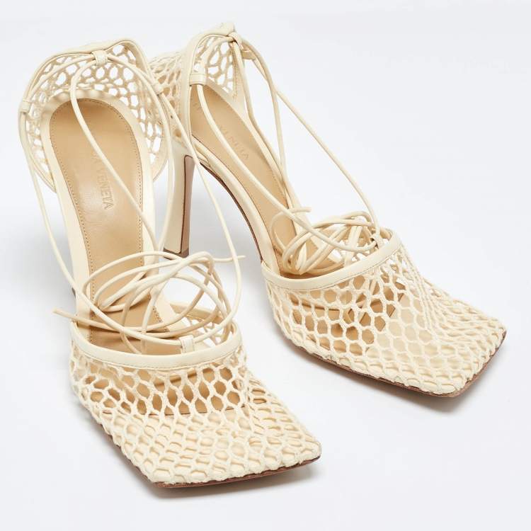 Pre Owned Bottega Veneta Cream Leather and Stretch Mesh Wrap Around Pumps Size 41