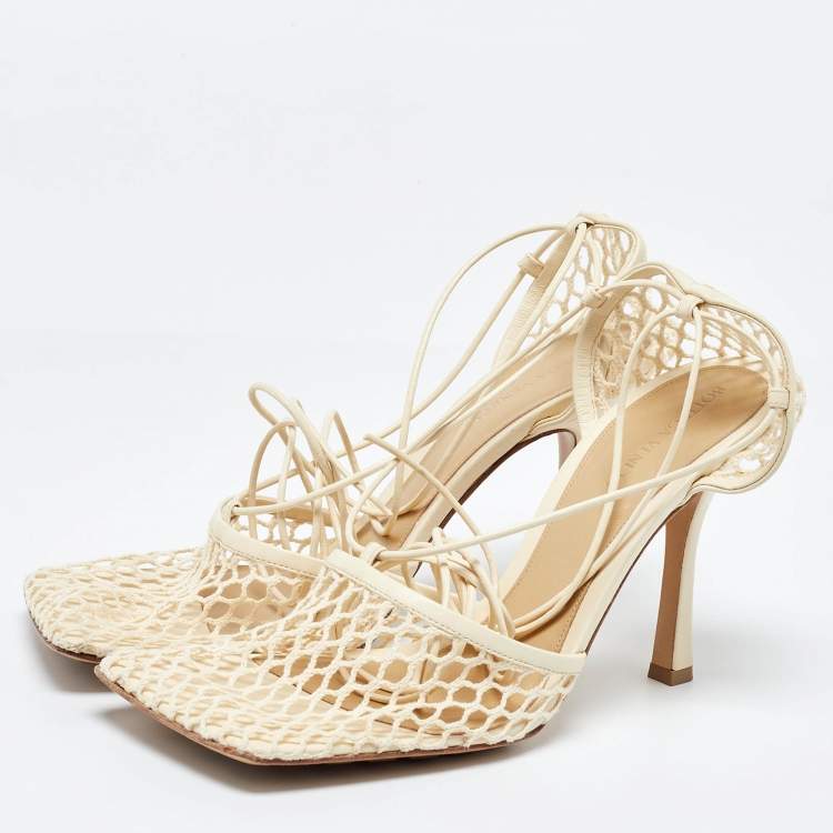 Pre Owned Bottega Veneta Cream Leather and Stretch Mesh Wrap Around Pumps Size 41