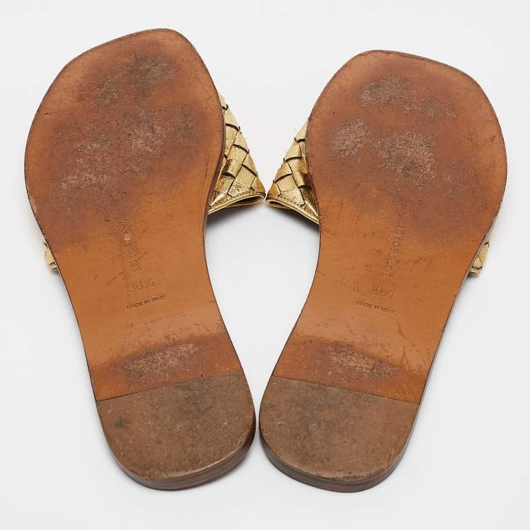 Pre Owned Bottega Veneta Gold Leather Intrecciato Flat Slides Size 36.5