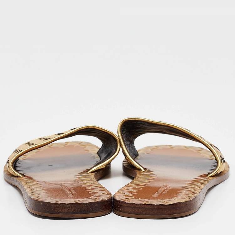 Pre Owned Bottega Veneta Gold Leather Intrecciato Flat Slides Size 36.5