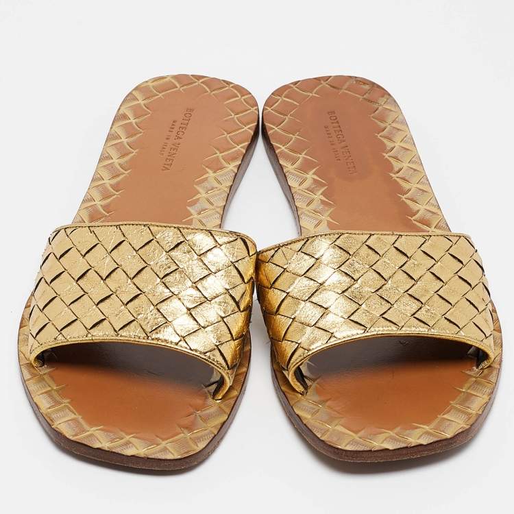 Pre Owned Bottega Veneta Gold Leather Intrecciato Flat Slides Size 36.5