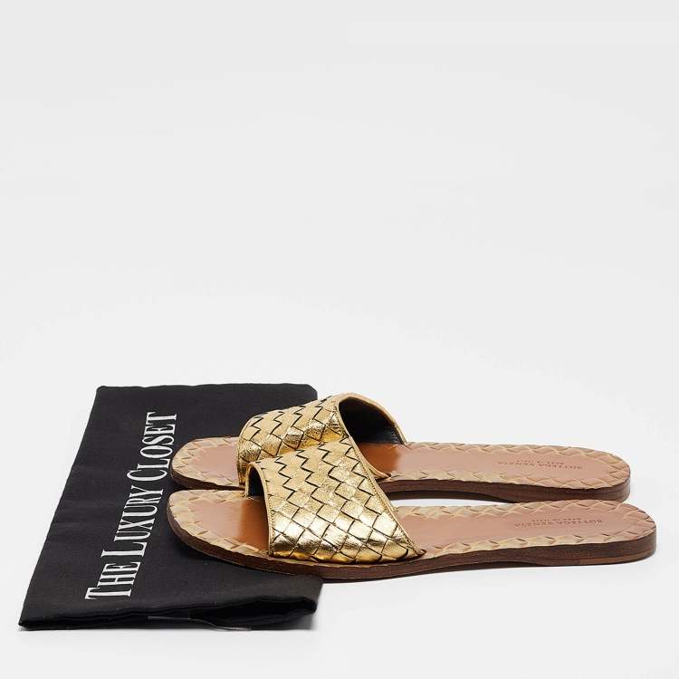 Pre Owned Bottega Veneta Gold Leather Intrecciato Flat Slides Size 36.5