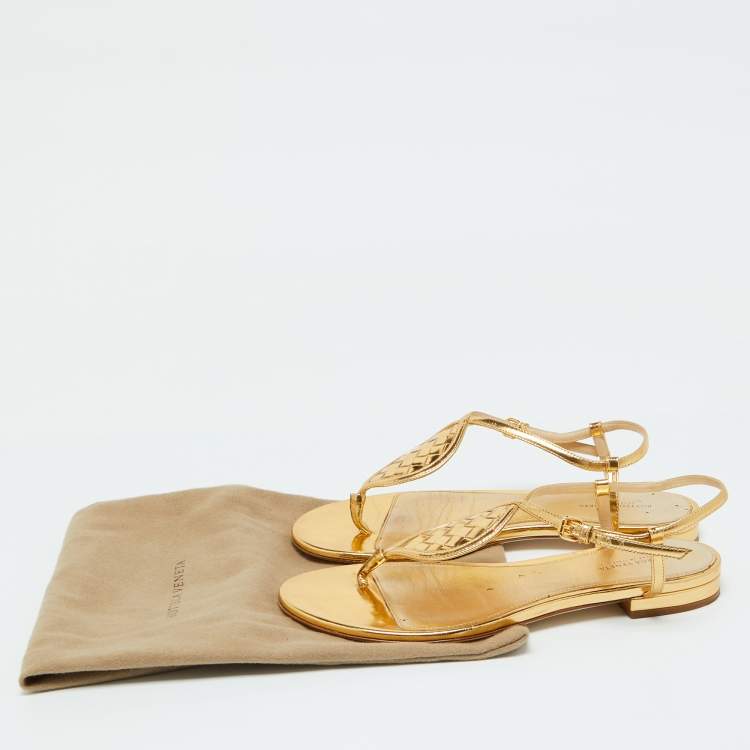 Pre Owned Bottega Veneta Gold Leather Ankle Strap Flat Sandals Size 38