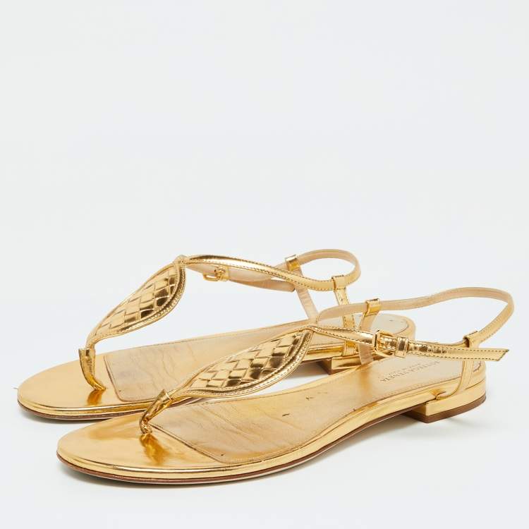 Pre Owned Bottega Veneta Gold Leather Ankle Strap Flat Sandals Size 38