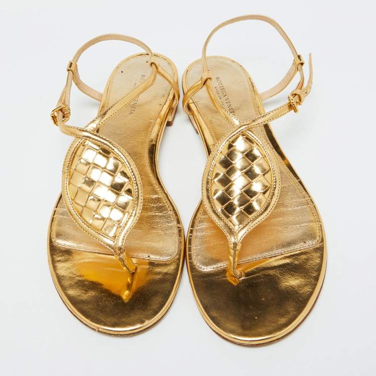 Pre Owned Bottega Veneta Gold Leather Ankle Strap Flat Sandals Size 38
