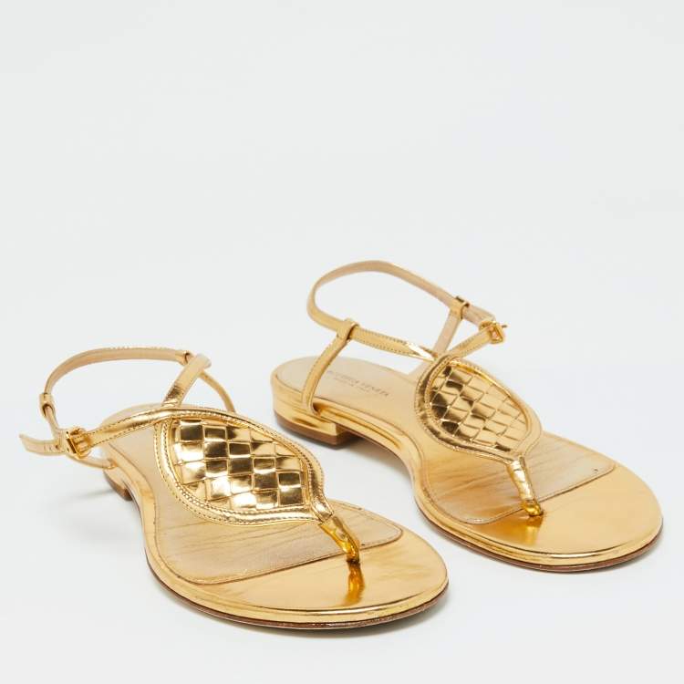 Pre Owned Bottega Veneta Gold Leather Ankle Strap Flat Sandals Size 38