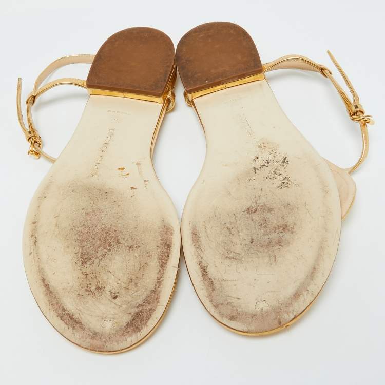 Pre Owned Bottega Veneta Gold Leather Ankle Strap Flat Sandals Size 38