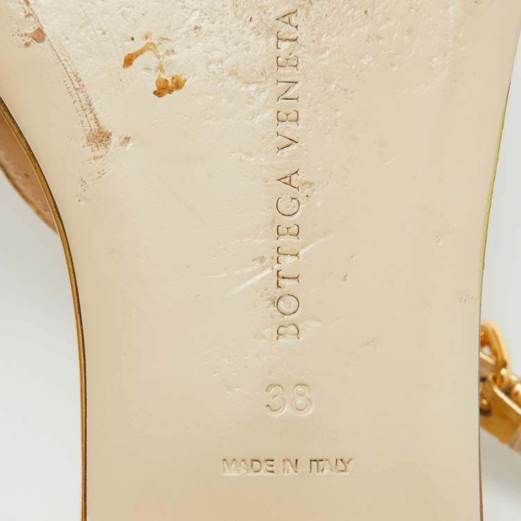 Pre Owned Bottega Veneta Gold Leather Ankle Strap Flat Sandals Size 38