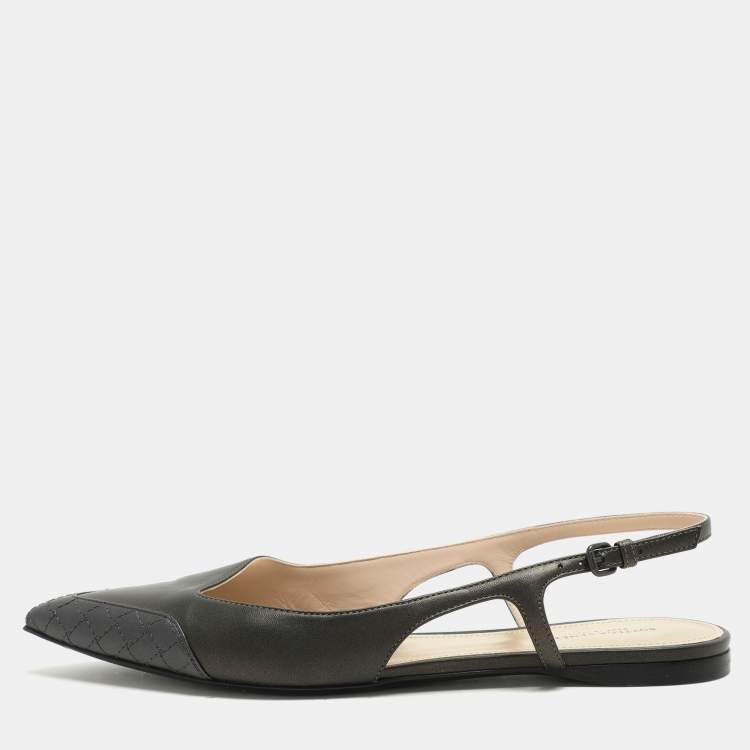 Pre Owned Bottega Veneta Metallic Grey Leather Slingback Flats Size 39.5