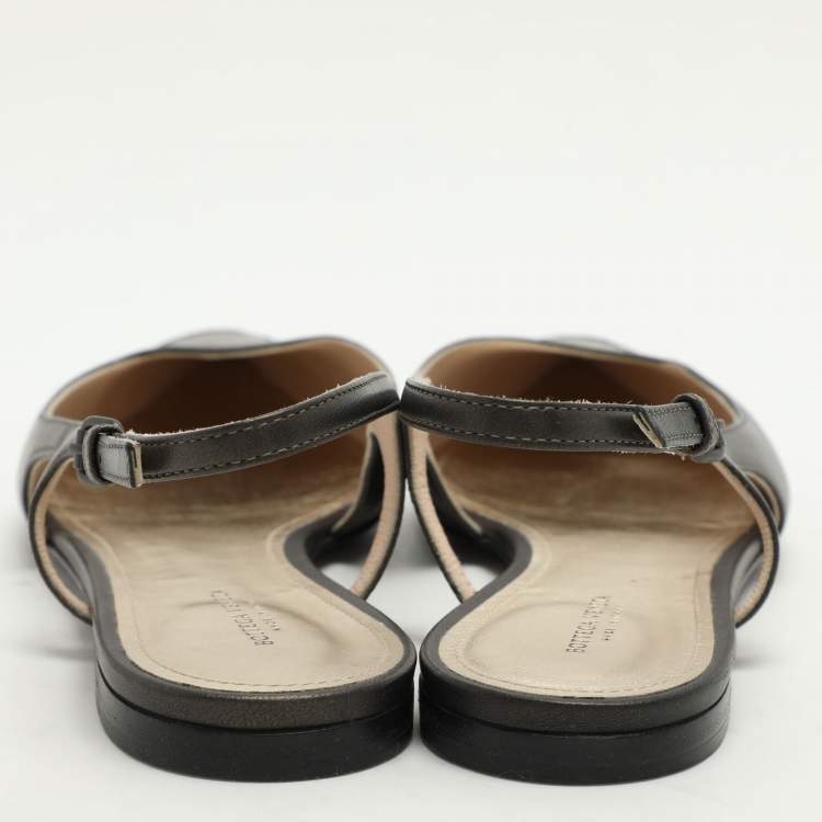 Pre Owned Bottega Veneta Metallic Grey Leather Slingback Flats Size 39.5