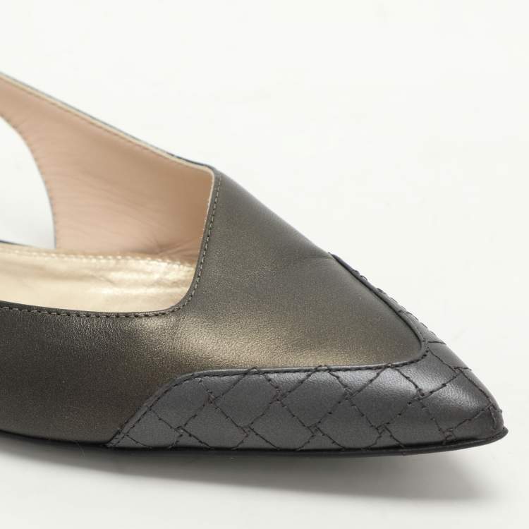 Pre Owned Bottega Veneta Metallic Grey Leather Slingback Flats Size 39.5