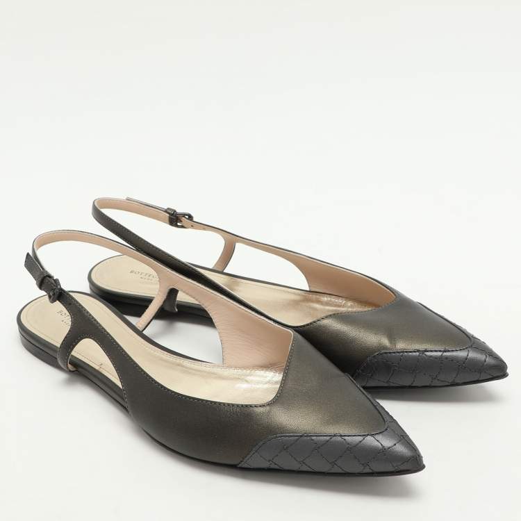 Pre Owned Bottega Veneta Metallic Grey Leather Slingback Flats Size 39.5