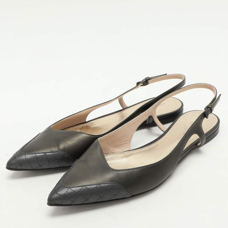 Pre Owned Bottega Veneta Metallic Grey Leather Slingback Flats Size 39.5