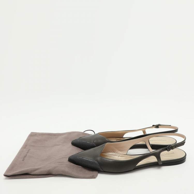 Pre Owned Bottega Veneta Metallic Grey Leather Slingback Flats Size 39.5