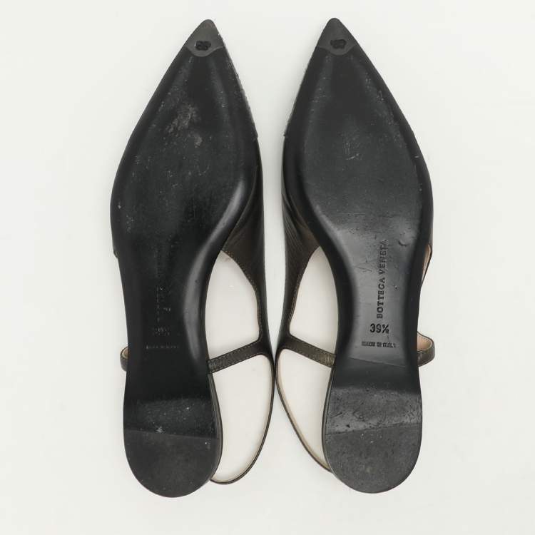 Pre Owned Bottega Veneta Metallic Grey Leather Slingback Flats Size 39.5