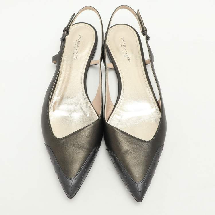 Pre Owned Bottega Veneta Metallic Grey Leather Slingback Flats Size 39.5