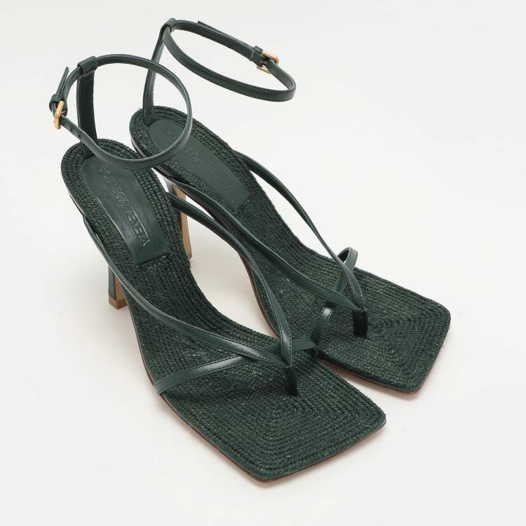Pre Owned Bottega Veneta Green Leather Stretch Ankle Strap Sandals Size 37