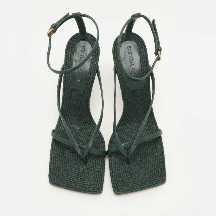 Pre Owned Bottega Veneta Green Leather Stretch Ankle Strap Sandals Size 37
