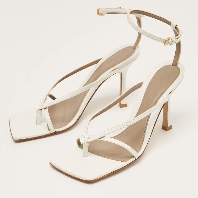 Pre Owned Bottega Veneta White Leather Stretch Ankle Strap Sandals Size 37.5