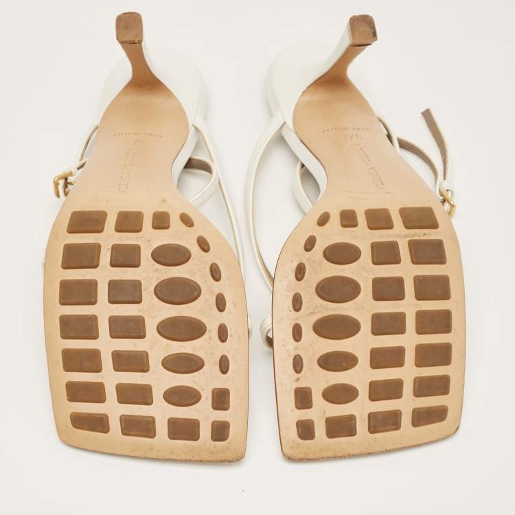 Pre Owned Bottega Veneta White Leather Stretch Ankle Strap Sandals Size 37.5