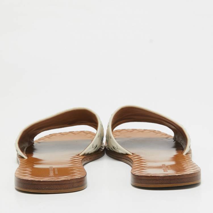 Pre Owned Bottega Veneta White Intrecciato Leather Flat Slides Size 38