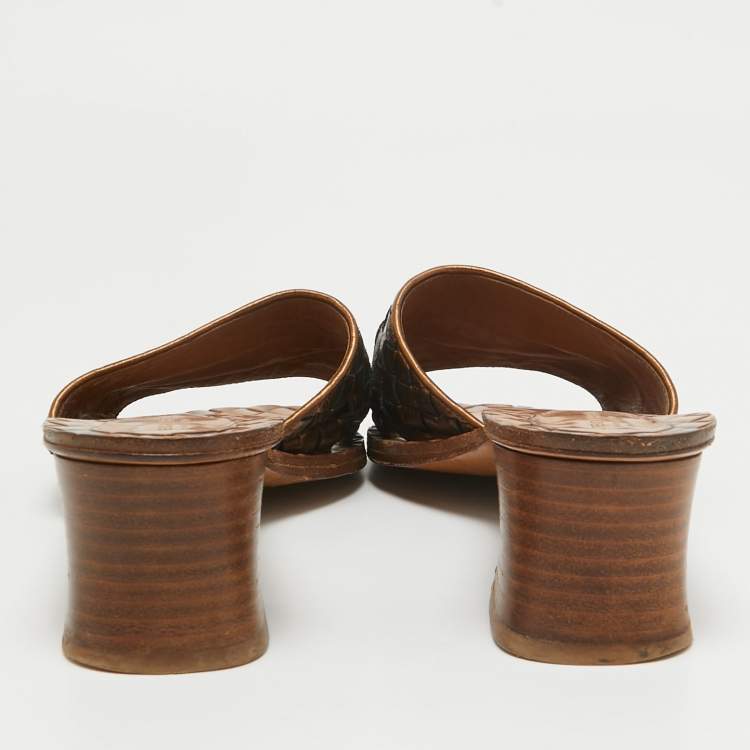Pre Owned Bottega Veneta Metallic Intrecciato Leather Ravello Slide Sandals Size 40.5