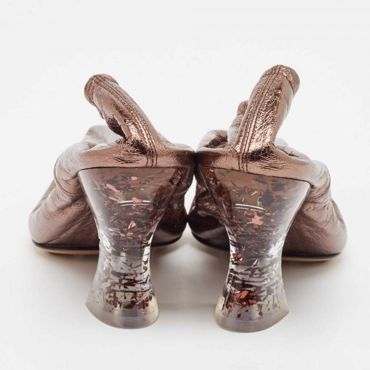 Pre Owned Bottega Veneta Metallic Brown Leather Plexiglass Almond Pumps Size 37