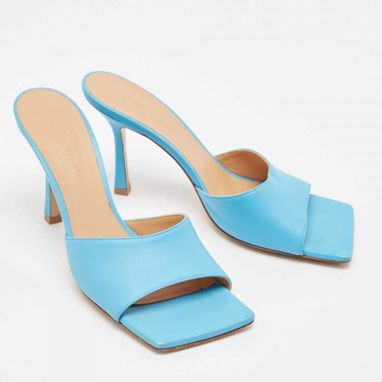 Pre Owned Bottega Veneta Blue Leather Stretch Slide Sandals Size 39
